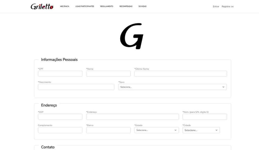 Formulário da Promoção Griletto