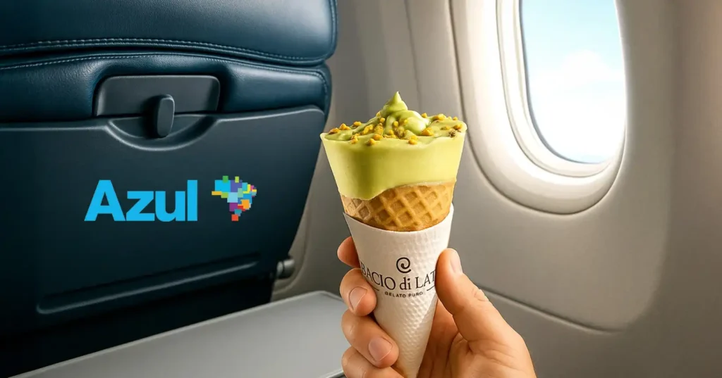 Passageiro segura sorvete Bacio di Latte dentro do avião da Azul