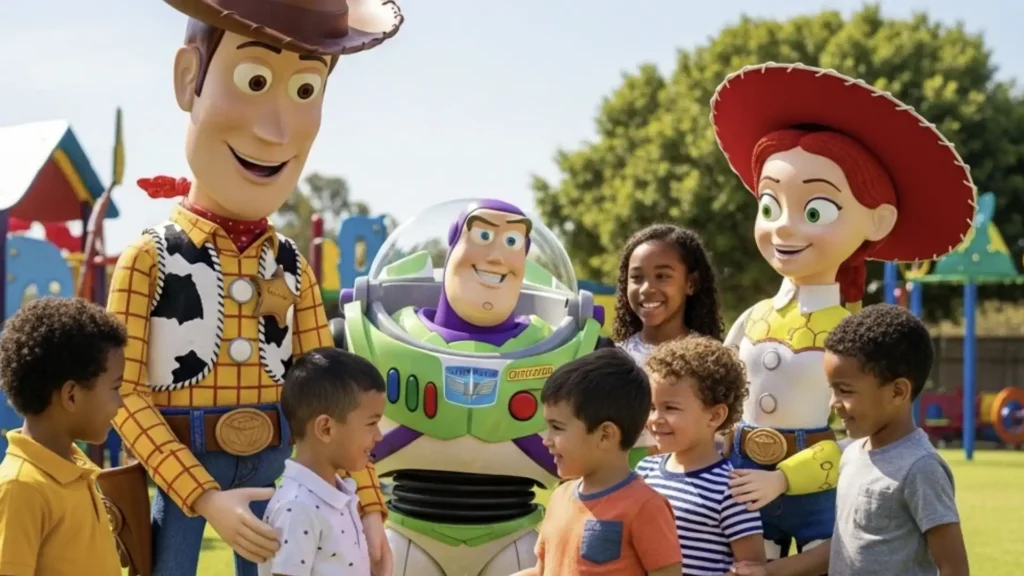 
Uma imagem mostra o xerife Woody e Buzz Lightyear, personagens de Toy Story, posando com cinco crianças em um playground ensolarado. Jessie, também de Toy Story, está à direita com um boné vermelho e uma trança, sorrindo. O xerife Woody e Buzz Lightyear também estão sorrindo para as crianças que parecem felizes. As crianças são de várias etnias. No fundo, há um equipamento de playground com um túnel vermelho e uma cerca amarela e azul.