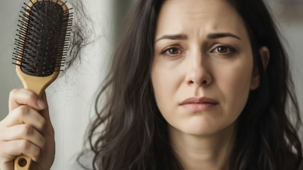 Mulher mostra escova com cabelos quebradiços