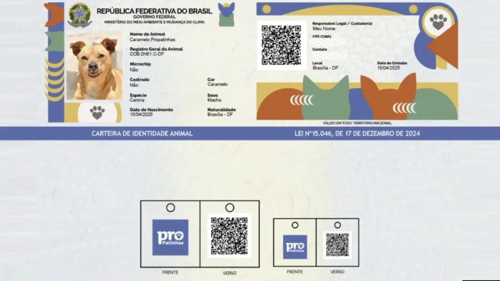 Um close-up de um documento de identidade animal emitido pelo governo federal do Brasil. O documento tem um layout horizontal e apresenta uma foto de um cachorro de cor caramelo à esquerda. Acima da foto, há o brasão da República Federativa do Brasil e o texto "REPÚBLICA FEDERATIVA DO BRASIL" e "GOVERNO FEDERAL". Abaixo do brasão e à direita da foto do cachorro, estão os detalhes do animal: "Nome do Animal: Caramelo Propatinhas", "Registro Geral do Animal: OCB.DN61.C-DF", "Microchip: Não", "Castrado: Não", "Espécie: Canina", "Cor: Caramelo", "Sexo: Macho" e "Data de Nascimento: 15/04/2025".