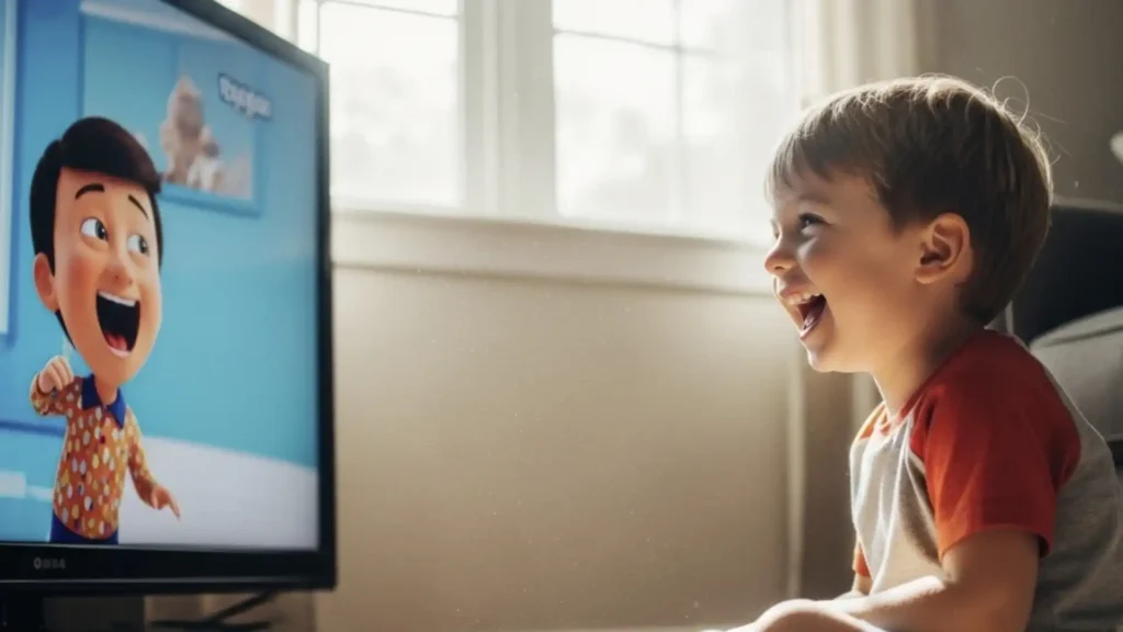 Criança rindo alto enquanto assiste televisão, sentada em um tapete colorido.