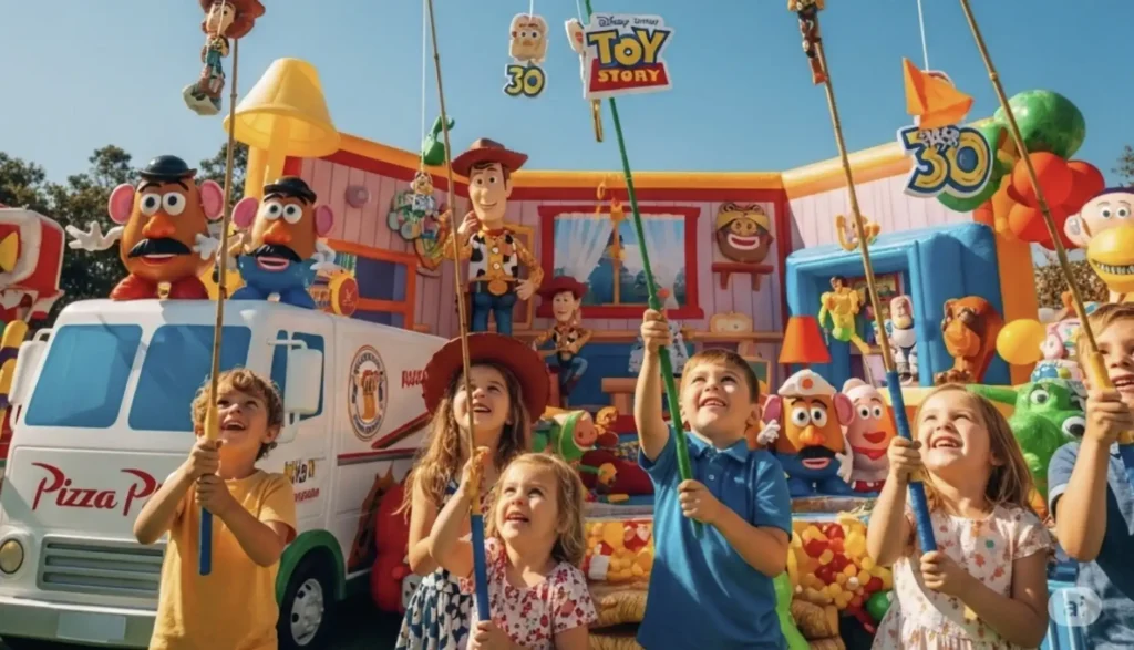 
Uma imagem vibrante mostra um grupo de crianças sorrindo e olhando para cima, segurando varas de pesca com personagens do Toy Story pendurados. Elas estão em um cenário festivo que celebra o "Toy Story 30" (aniversário de 30 anos do filme), com vários personagens infláveis e cenários temáticos do Toy Story, incluindo um caminhão da Pizza Planet. O céu é azul e o ambiente geral é de alegria e celebração.