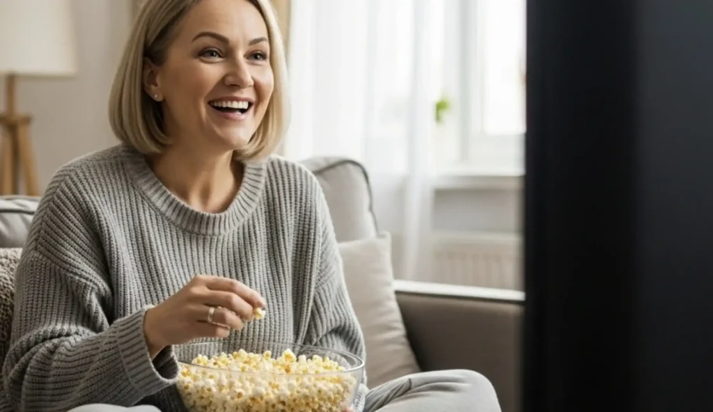 Uma mulher de cabelos loiros, usando um suéter cinza e calças de moletom, senta-se em um sofá bege, sorrindo e assistindo televisão enquanto come pipoca de uma tigela de vidro.