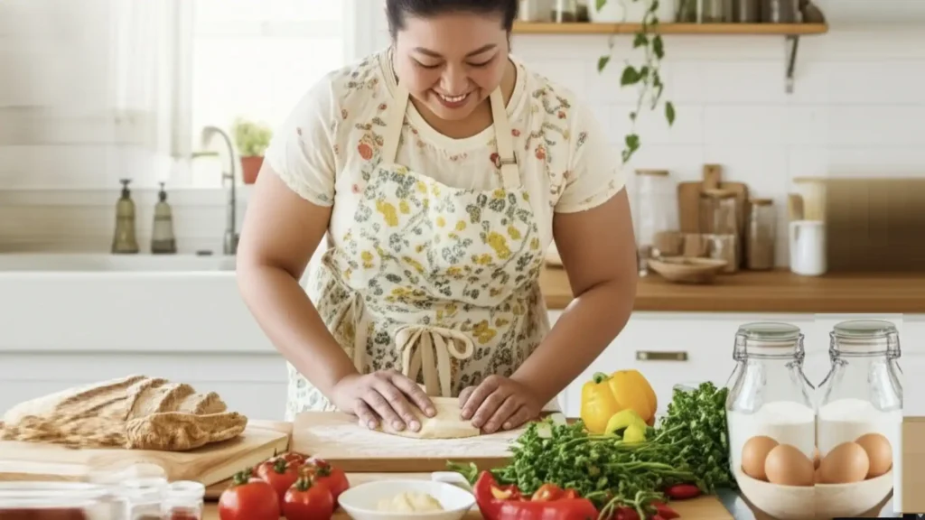 Mulher cozinhando sua-própria-comida