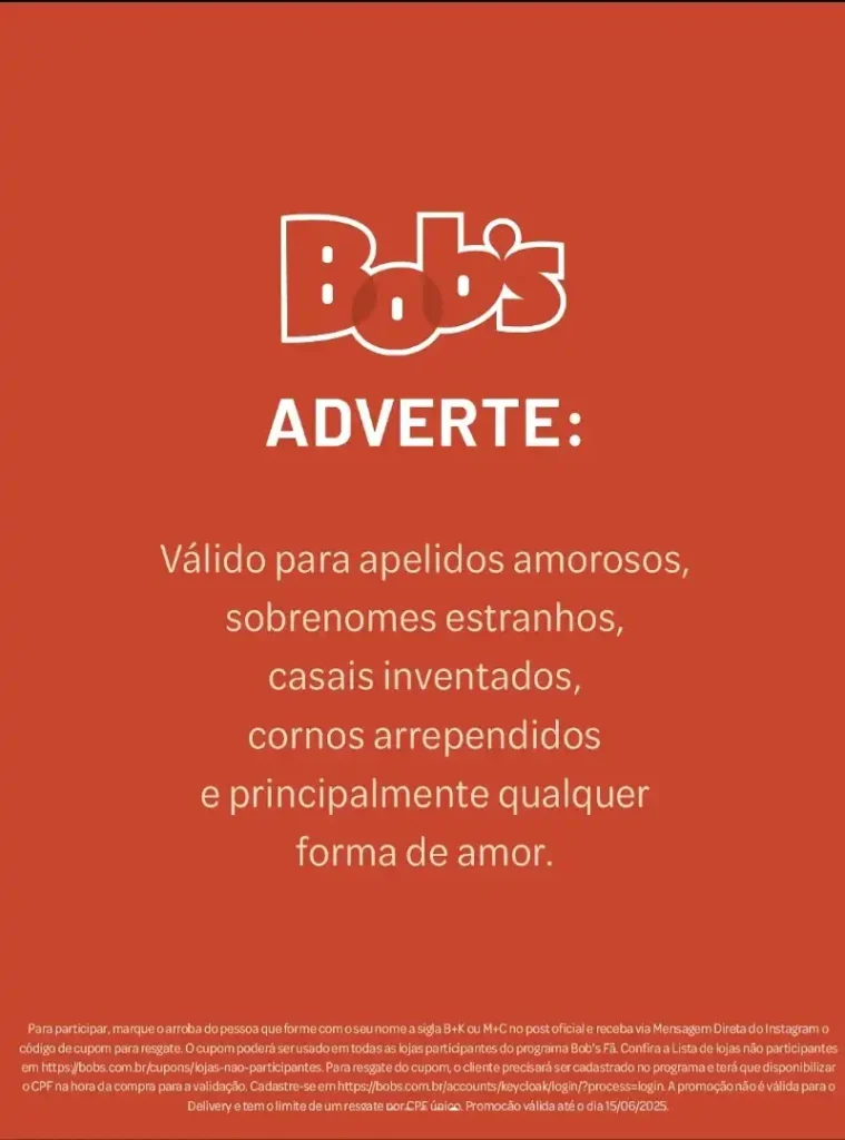 Página de advertência no Instagram do Bob's Brasil com detalhes da campanha