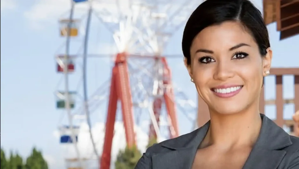 Uma mulher sorridente com cabelos escuros presos para trás e um blazer cinza claro está em primeiro plano, ligeiramente deslocada para a direita. Ao fundo, desfocada, está uma grande roda-gigante vermelha e branca com cabines coloridas. O céu é azul e há algumas folhas de árvores visíveis no canto inferior esquerdo.