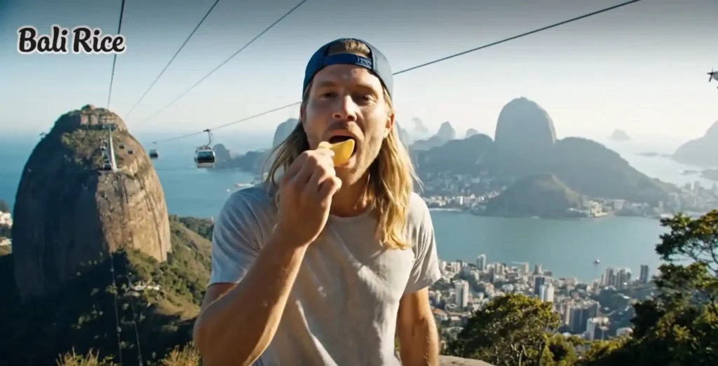 
Um homem loiro de cabelo comprido e chapéu de beisebol virado para trás come um pedaço de comida enquanto está no topo de uma montanha. Ao fundo, uma cidade costeira se estende com morros ao redor e um bondinho cruza a paisagem. No canto superior esquerdo, o logotipo "Bali Rice" está presente.