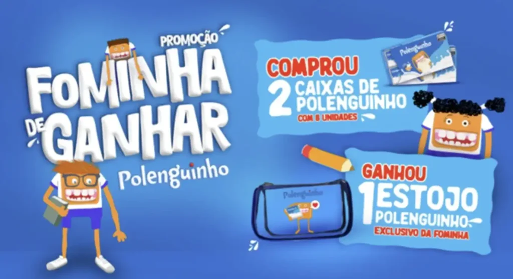 Uma imagem promocional da campanha "Fominha de Ganhar Polenguinho". À esquerda, em destaque, o título da campanha "PROMOÇÃO FOMINHA DE GANHAR Polenguinho" em letras brancas e azuis. Abaixo do título, um personagem de Polenguinho com óculos, cabelo laranja, camisa branca com detalhes azuis, shorts azuis e tênis brancos, segurando um livro.