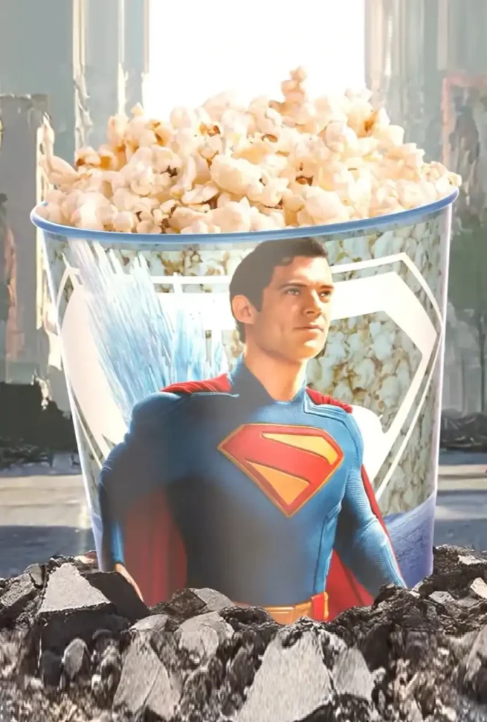Um pôster promocional do filme Superman apresenta um balde de pipoca grande com a imagem do Superman (Henry Cavill) em seu traje azul e vermelho, exibindo o icônico logotipo "S" no peito. O balde de pipoca está em primeiro plano, com o Superman ligeiramente atrás dele, como se estivesse dentro ou parte do design do balde. O fundo é cinza e borrado, com destroços no chão na parte inferior da imagem, sugerindo um cenário de destruição ou ação. A pipoca enche a parte superior do balde, transbordando ligeiramente.