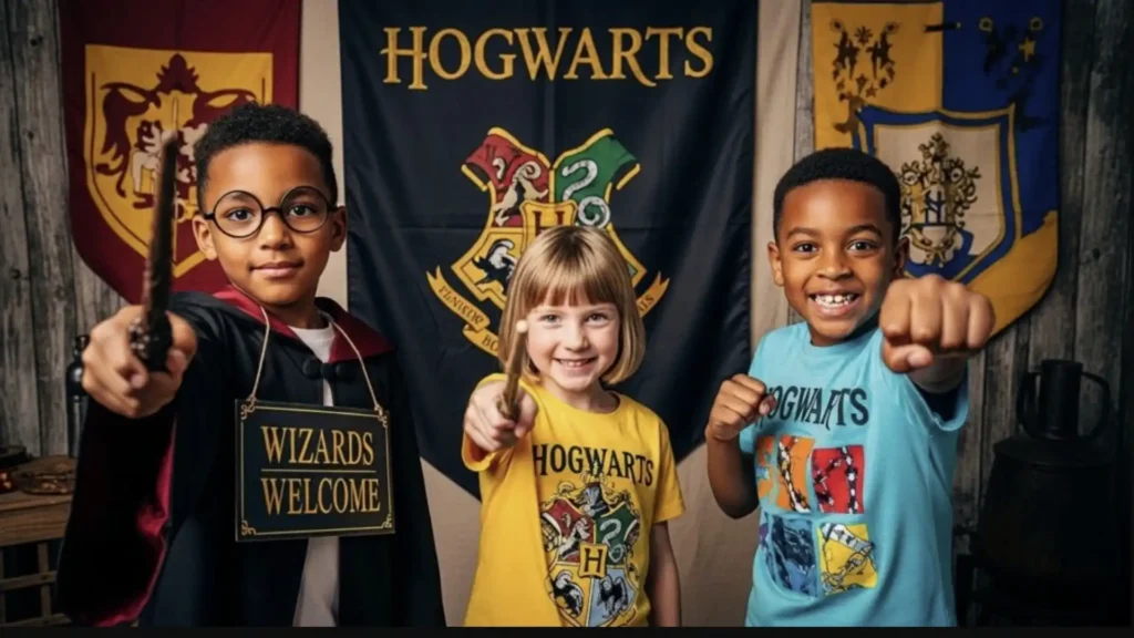 criança de óculos segurando uma varinha mágica e placa de boas-vindas, uma menina segurando uma varinha mágica e uma criança sorridente com uma camiseta de Hogwarts posam juntas em frente a banners com tema de Harry Potter.