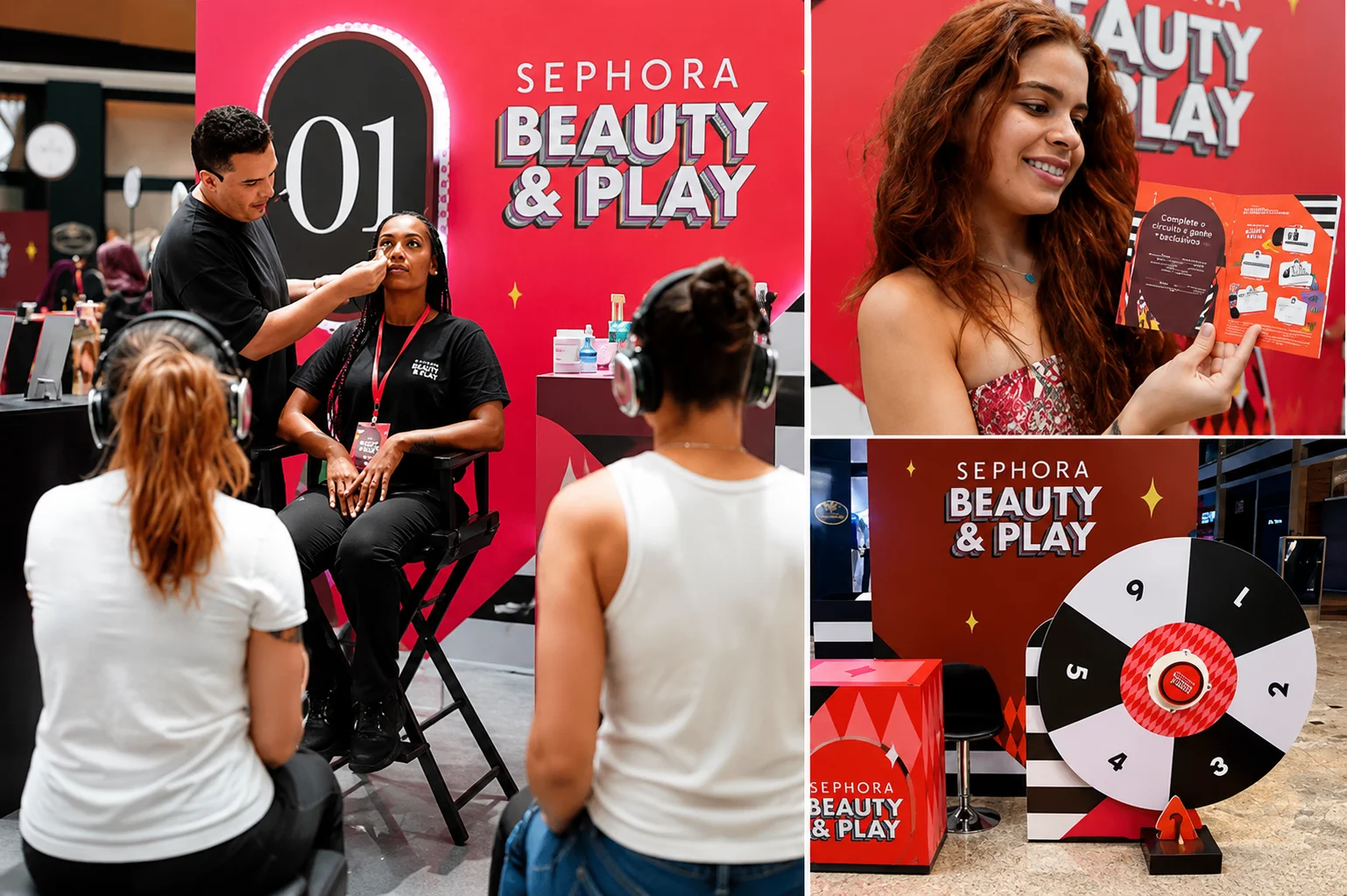 Participantes acompanham sessão de maquiagem durante o evento Sephora Beauty & Play em espaço interativo com ativações, brindes e experiências de beleza.