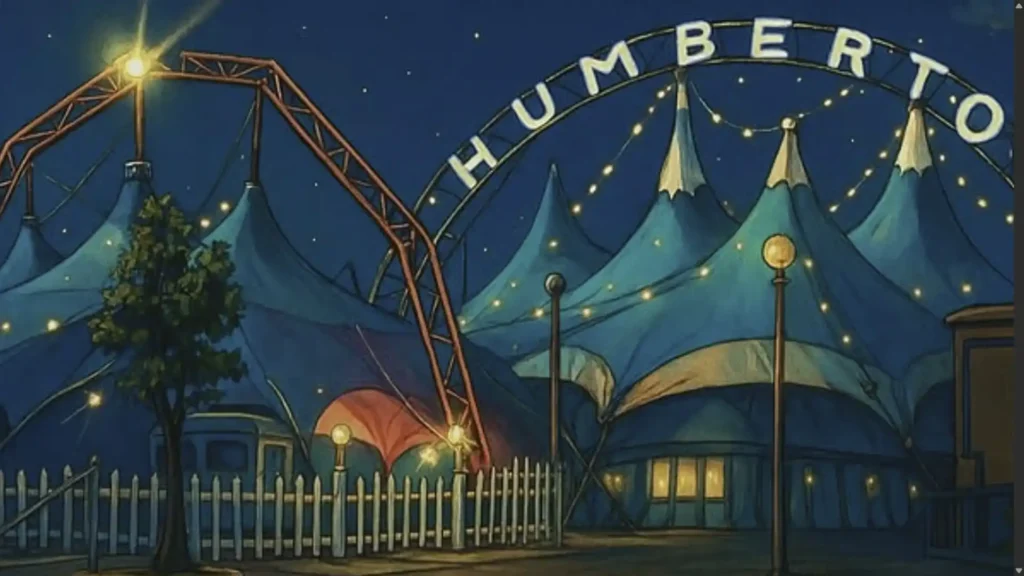 Uma imagem noturna vibrante de um circo iluminado. O nome "HUMBERTO" é exibido em letras grandes e iluminadas no topo da tenda principal, que é azul com detalhes em branco e amarelo. Várias tendas menores cercam a principal, todas com luzes de festão penduradas entre elas, criando um ambiente acolhedor. Há uma estrutura de metal vermelha, possivelmente uma atração de circo, visível à esquerda. Em primeiro plano, uma cerca branca e um jovem pinheiro iluminado por um poste de luz adicionam profundidade à cena. O céu noturno é escuro, com um leve brilho roxo-azulado no horizonte. A imagem evoca uma sensação de magia e diversão noturna.