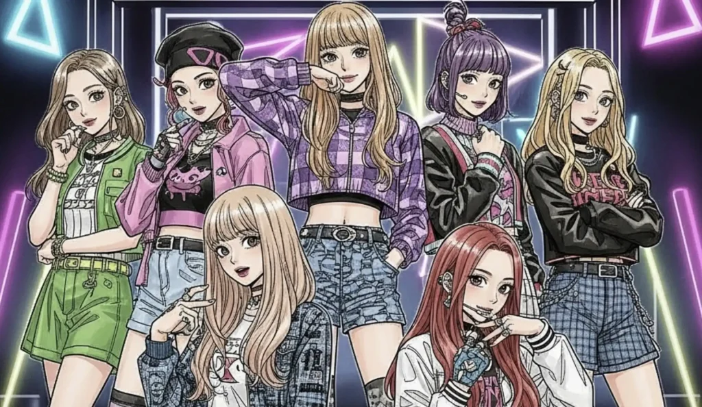 Uma ilustração digital vibrante no estilo anime apresenta um grupo de sete mulheres jovens, cada uma com um visual distinto e moderno, evocando a estética K-Pop. Elas estão em pé, com poses confiantes, contra um fundo escuro que é pontuado por linhas de luz neon rosa, azul e verde, criando um efeito futurista.