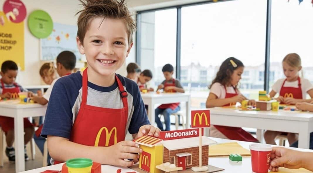 Um menino sorridente em um avental vermelho do McDonald's brinca com um modelo de papel de uma lanchonete do McDonald's, enquanto outras crianças participam de atividades em segundo plano.