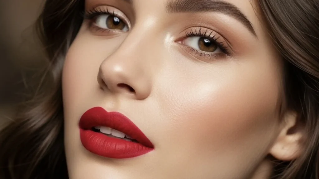A imagem mostra um close-up do rosto de uma mulher com lábios vermelhos vibrantes. Ela tem cabelo castanho escuro ondulado que emoldura o rosto e pele clara e brilhante. Os lábios são o ponto focal, com um batom vermelho mate intenso. Ela tem um leve sorriso e está a olhar para a frente. O fundo está desfocado.