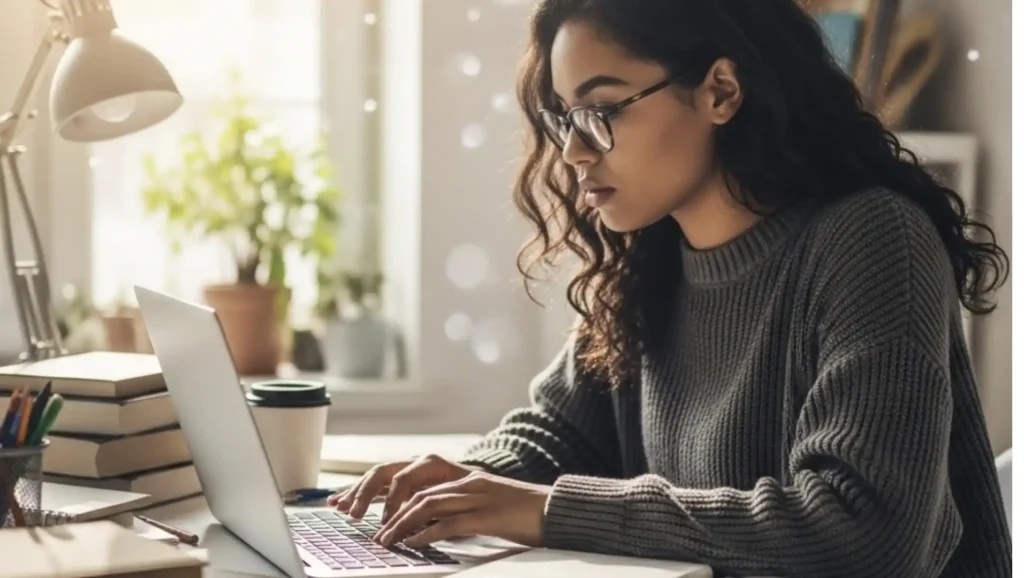 Uma jovem mulher de cabelos escuros e óculos está concentrada na tela do seu laptop, sentada numa secretária com livros e cadernos. A luz do sol entra pela janela, iluminando o ambiente.