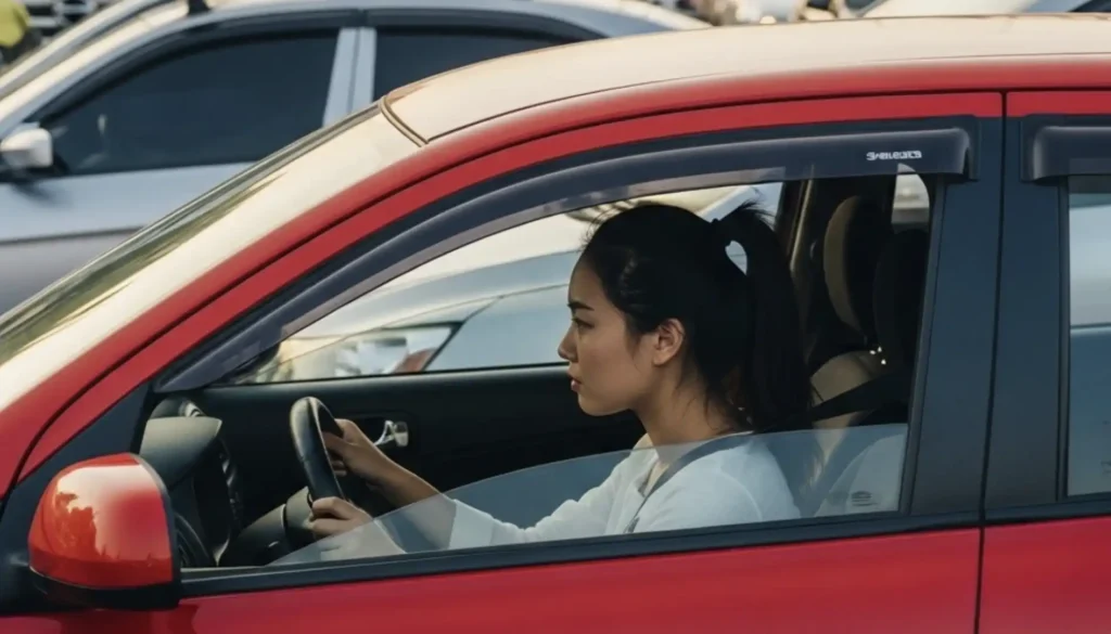 Uma mulher asiática com cabelo escuro preso em um rabo de cavalo, concentrada ao volante de um carro vermelho compacto, navegando no trânsito pesado. O carro está cercado por outros veículos, e o sol poente ilumina a cena.