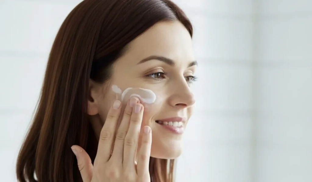 Mulher passando creme no rosto