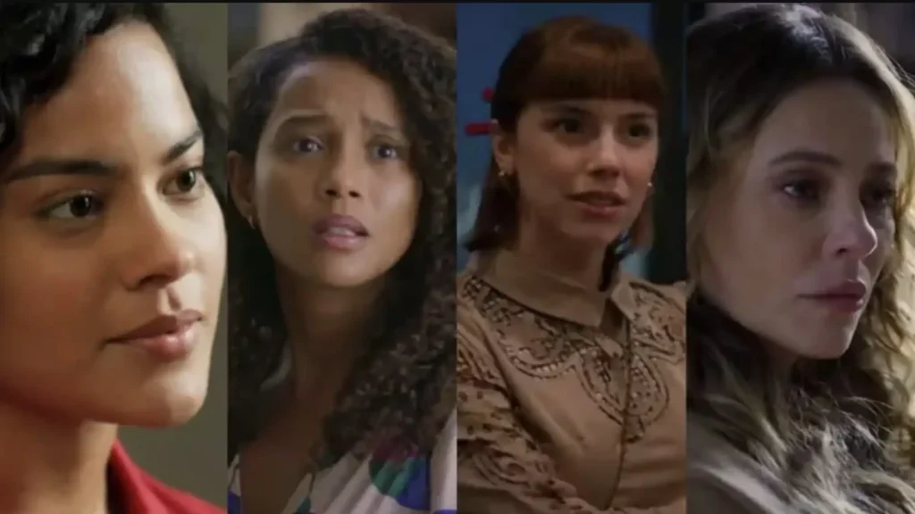 Uma montagem de quatro retratos de mulheres, cada uma olhando para a frente com diferentes expressões. Da esquerda para a direita: uma mulher com cabelo escuro preso, vestindo uma blusa vermelha e olhando calmamente; uma mulher com cabelo encaracolado escuro e uma expressão de surpresa ou choque; uma mulher de cabelo castanho claro com franja, vestindo uma blusa bege de renda e uma expressão séria; e uma mulher de cabelo loiro ondulado, com uma expressão triste ou contemplativa.