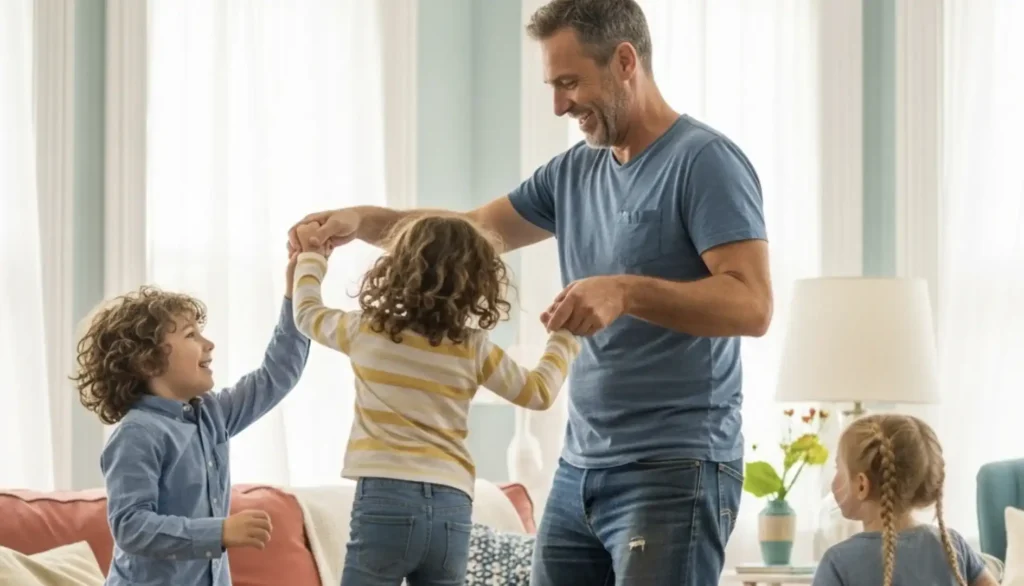 Uma imagem de um pai sorridente, de meia-idade, com cabelos grisalhos e barba, vestindo uma camiseta azul e jeans, dançando alegremente com seus dois filhos pequenos em uma sala de estar bem iluminada. Ele segura as mãos de uma criança com cabelos cacheados que o encara. Outra criança, com tranças, pode ser vista de costas no canto inferior direito. A sala tem cortinas brancas, um sofá e um abajur.