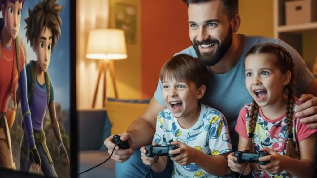 Um pai barbudo sorridente, vestindo uma camiseta azul-petróleo, se diverte jogando videogame com seus dois filhos pequenos. Os três estão sentados em um sofá, de frente para uma televisão que exibe um jogo de aventura animado. O pai, no centro, segura um controle preto enquanto seus filhos, um menino à sua esquerda e uma menina à sua direita, também seguram controles. Ambos os filhos estão com expressões de empolgação e surpresa, com a boca aberta e os olhos arregalados, refletindo a intensidade do jogo. O menino usa uma camiseta branca com desenhos coloridos, e a menina uma camiseta rosa com estampa preta e branca. O ambiente é um quarto iluminado com paredes laranja e detalhes em azul. A imagem transmite alegria e união familiar.