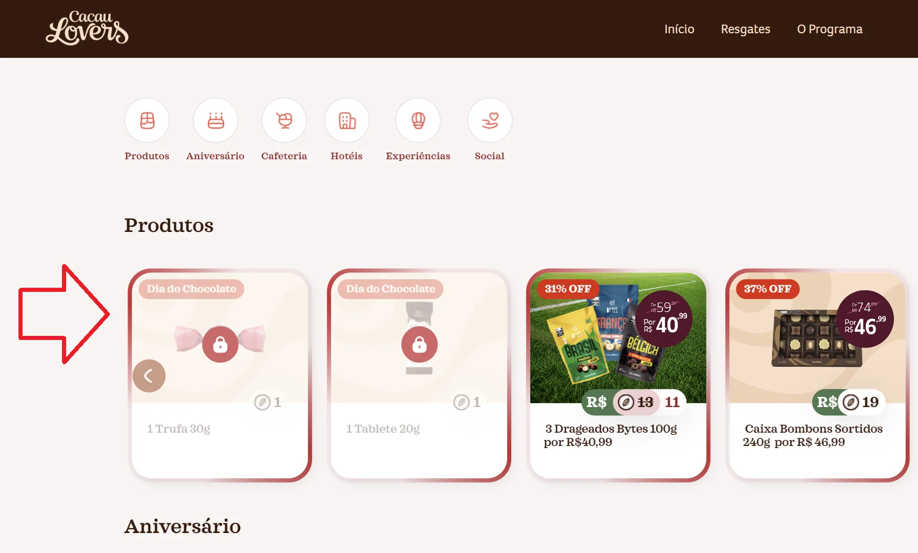 Página de resgates do Cacau Lovers exibindo benefícios de trufa grátis e tablete grátis no Dia do Chocolate.