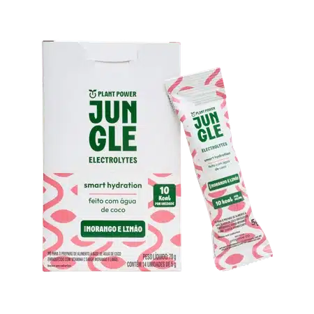 Caixa e sachê de eletrólitos Jungle sabor morango e limão.