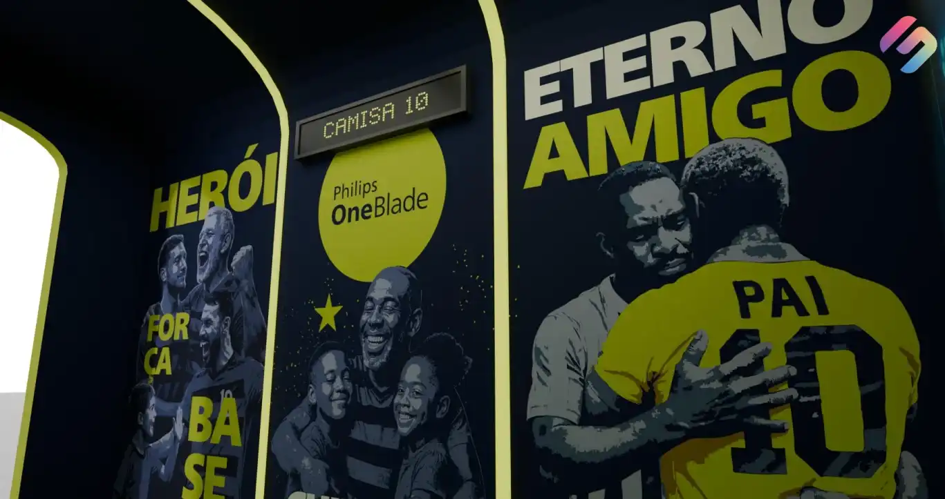 Um banner publicitário da Philips OneBlade na parede de uma loja, com a temática de Dia dos Pais e futebol, mostrando fotos de pais e filhos.