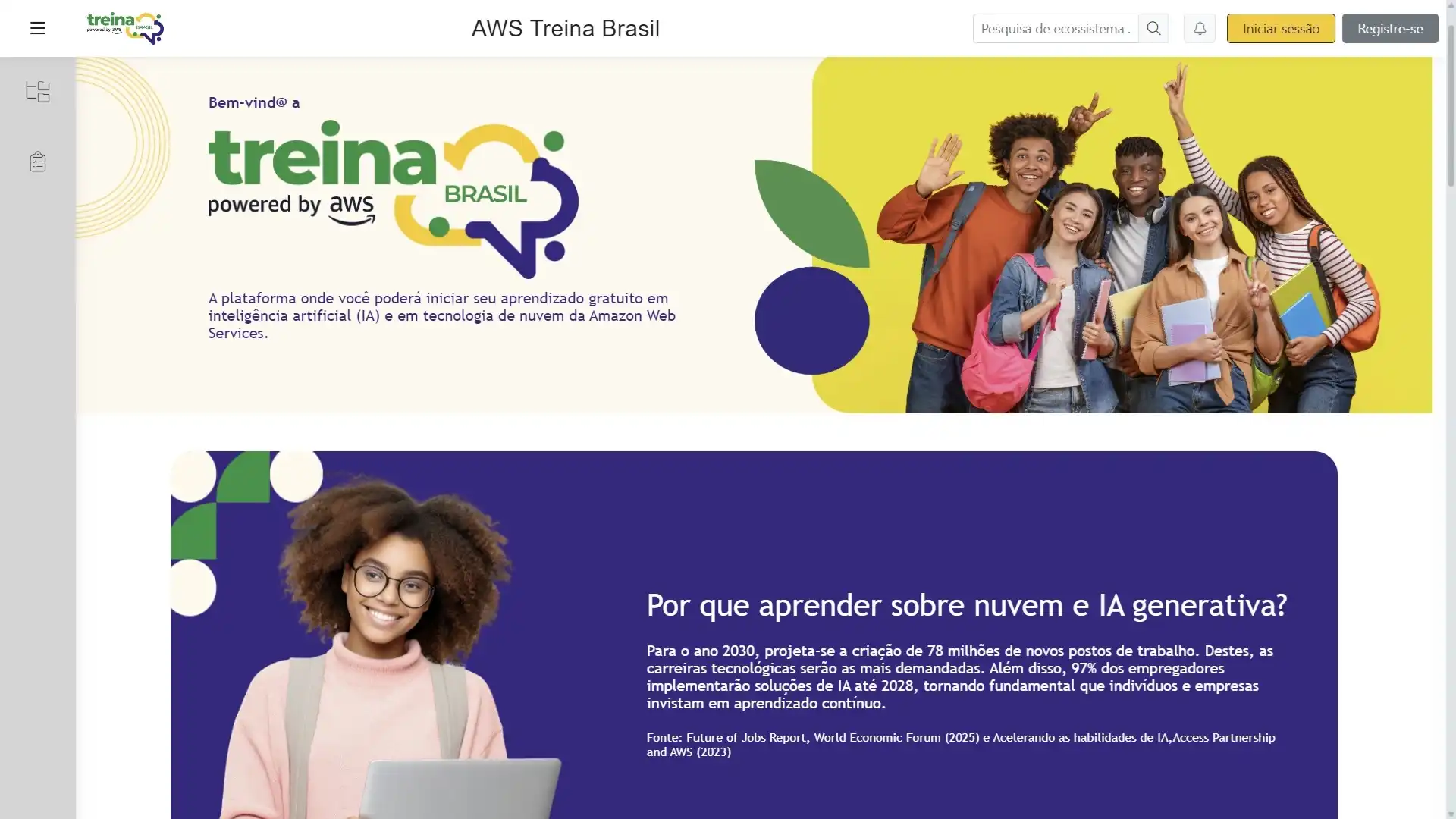 Página inicial da plataforma de treinamento da AWS no Brasil.