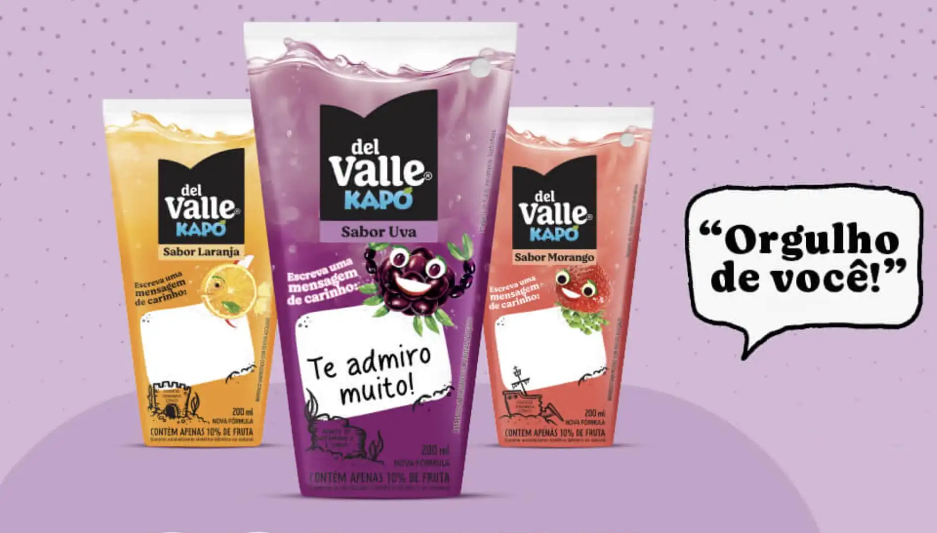 Um anúncio animado em um fundo roxo-claro, com três embalagens de suco Del Valle Kapo em primeiro plano.