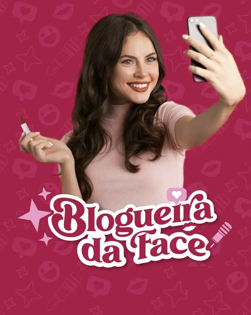 Mulher sorridente tirando uma selfie com o celular e segurando um batom na outra mão, em frente a um fundo rosa com ilustrações de maquiagem.