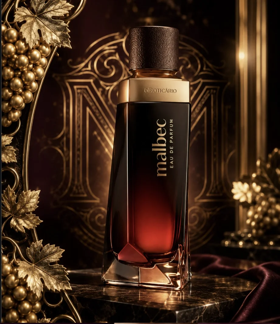 Frasco do perfume Malbec Eau de Parfum, de O Boticário, em destaque sobre base sofisticada com elementos dourados ao fundo.
