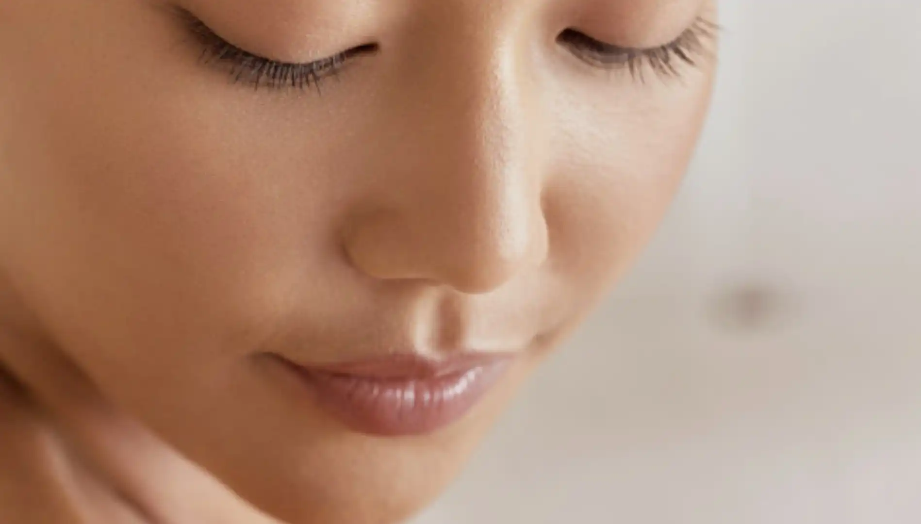 Rosto de uma mulher com olhos fechados, pele lisa e lábios com um leve brilho.