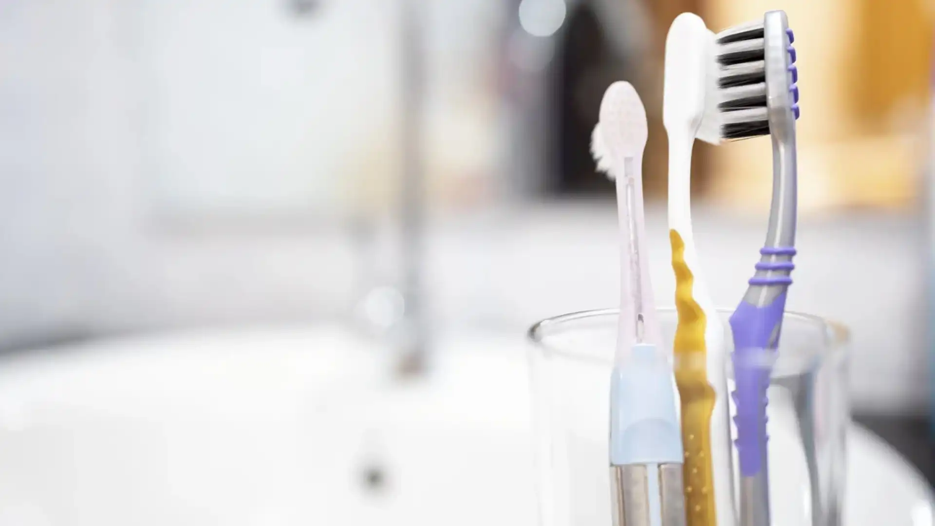 Três escovas de dentes em um copo.