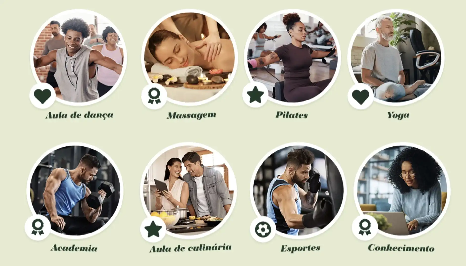 Banner mostrando oito círculos de fotos, cada um representando uma experiência diferente: aula de dança, massagem, pilates, yoga, academia, aula de culinária, esportes e conhecimento.