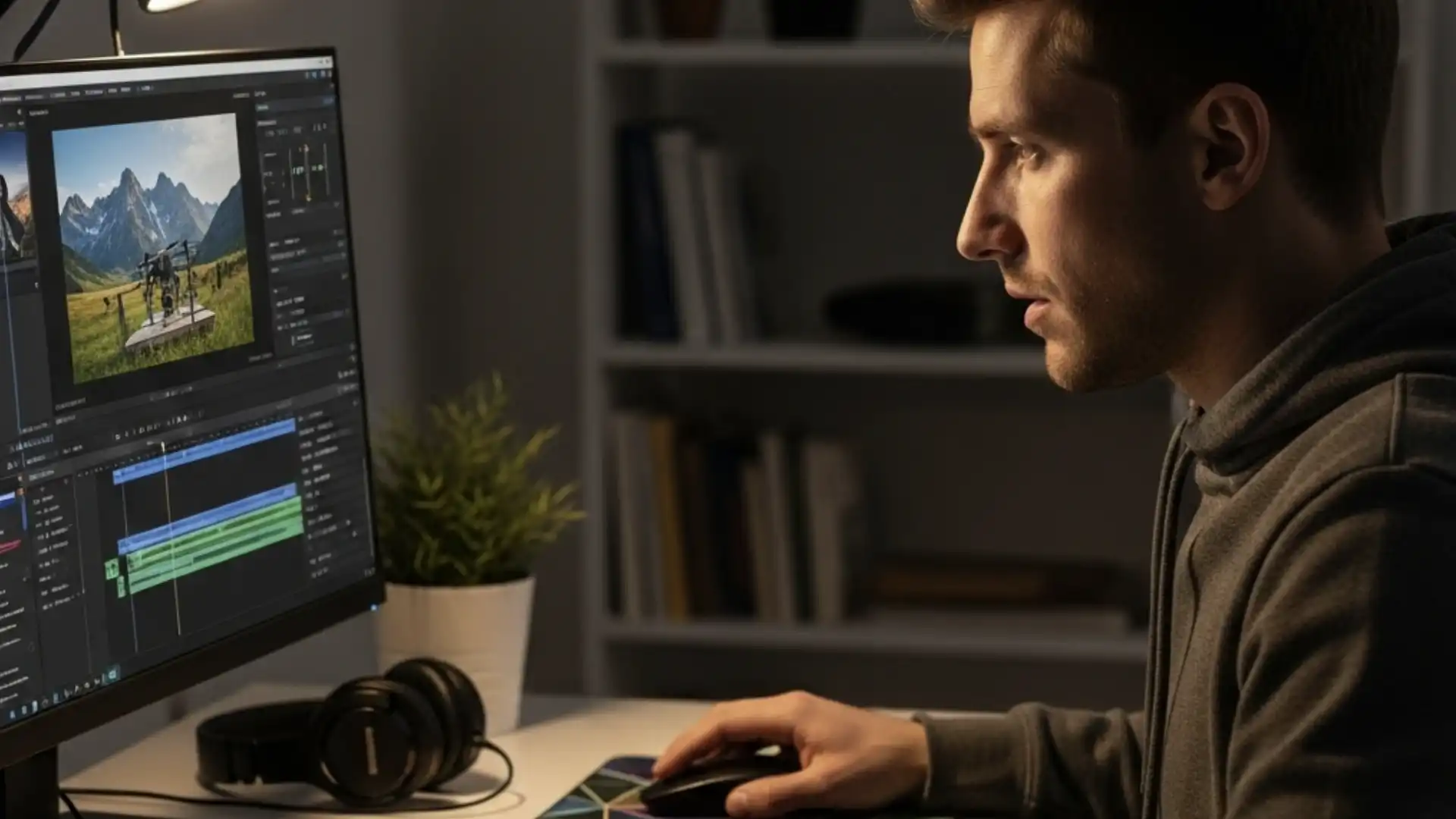 homem edita vídeo em computador com fones de ouvido