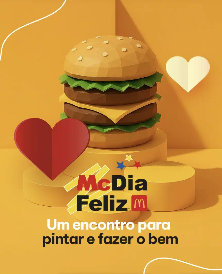 Ilustração 3D de um hambúrguer em um pódio com corações e o texto "McDia Feliz".