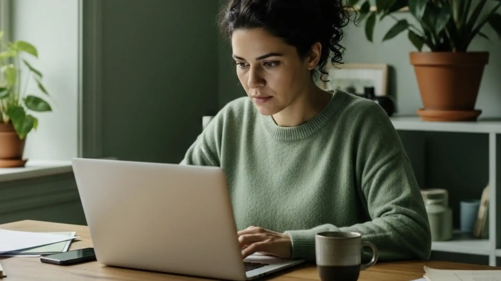 Uma mulher concentrada a trabalhar no seu portátil numa sala com tons de verde.
