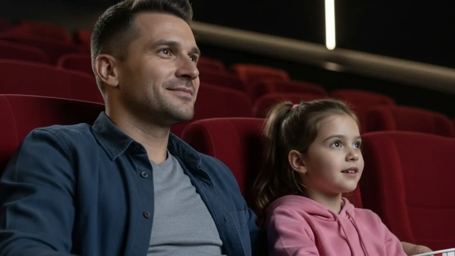 A imagem mostra um pai e sua filha sentados em poltronas de cinema vermelhas em um cinema com pouca luz. O pai, um homem de cerca de 30 anos com cabelo escuro, está à esquerda, sorrindo levemente enquanto olha para a tela.