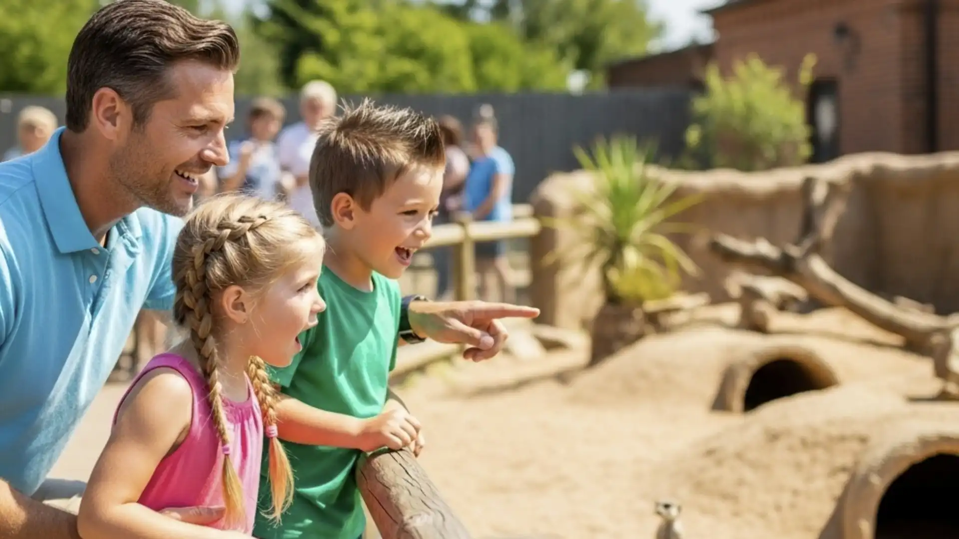 Um pai e seus dois filhos, uma menina e um menino, riem enquanto observam suricatos em um zoológico. O pai está ajoelhado e o menino aponta.