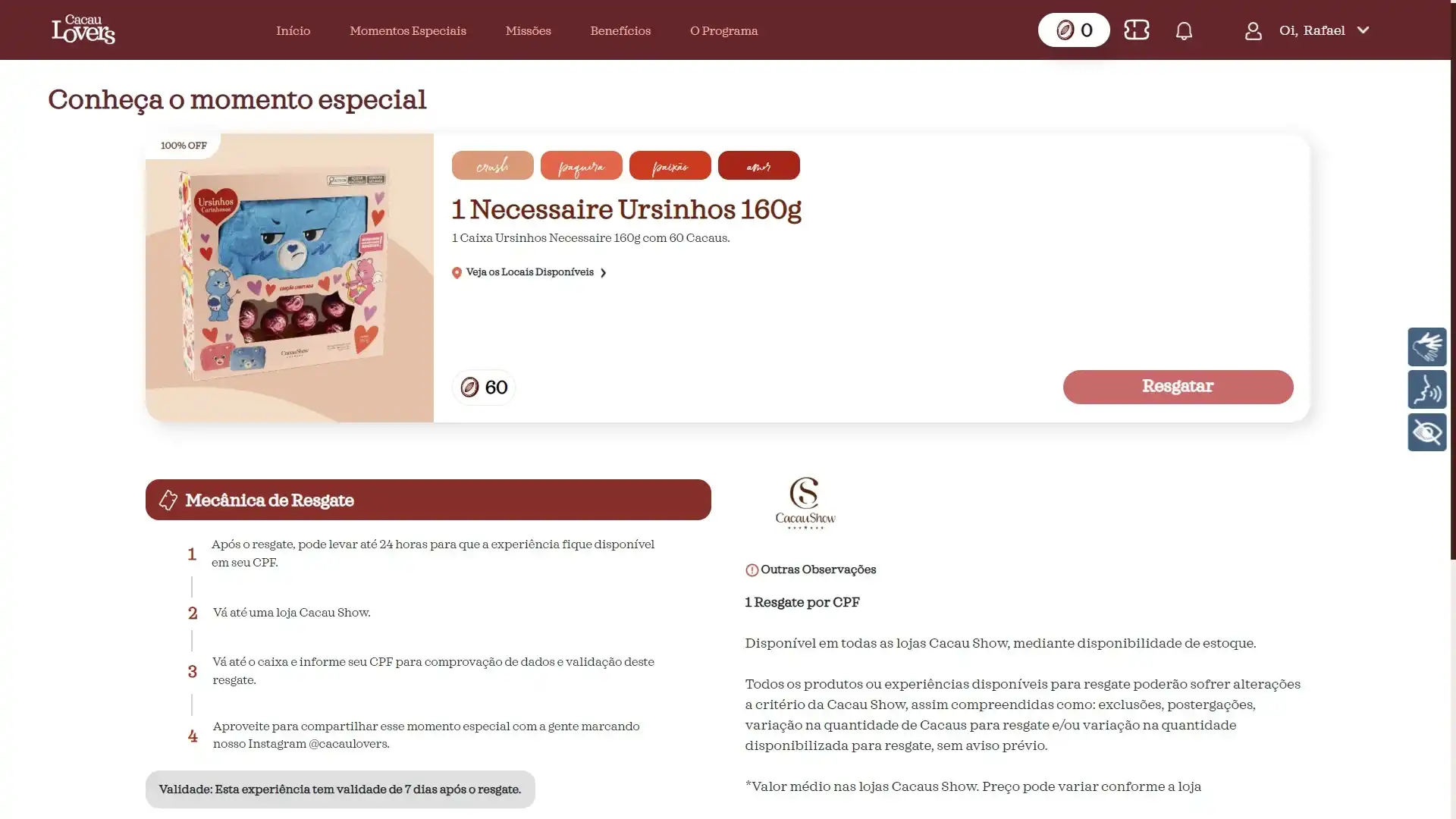 Página web da Cacau Lovers mostrando a oferta de uma Necessaire Ursinhos Carinhosos de 160g com bombons de chocolate, disponível para resgate através do programa de fidelidade.