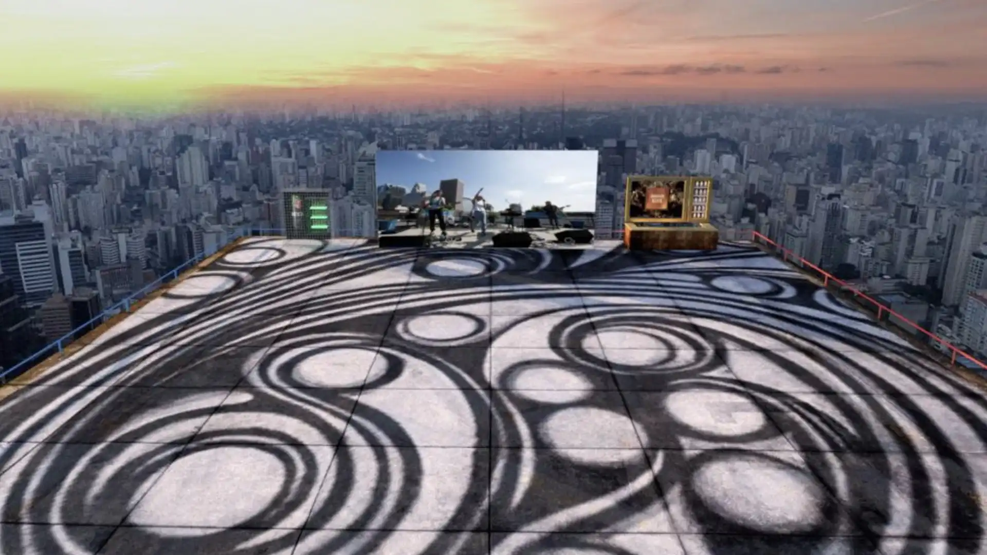 Um telhado com desenho de círculos e uma banda tocando em um telão.