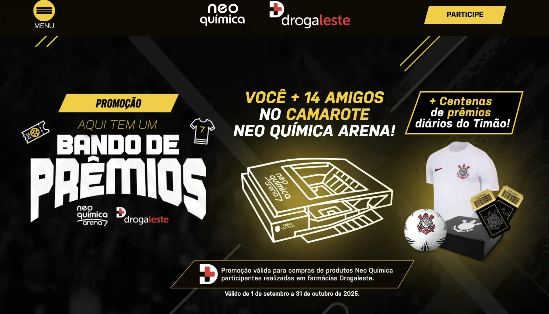 Banner da campanha promocional 'Bando de Prêmios' da Neo Química e Drogaleste, com o logo do Corinthians e a premiação de um camarote no Neo Química Arena e outros prêmios.