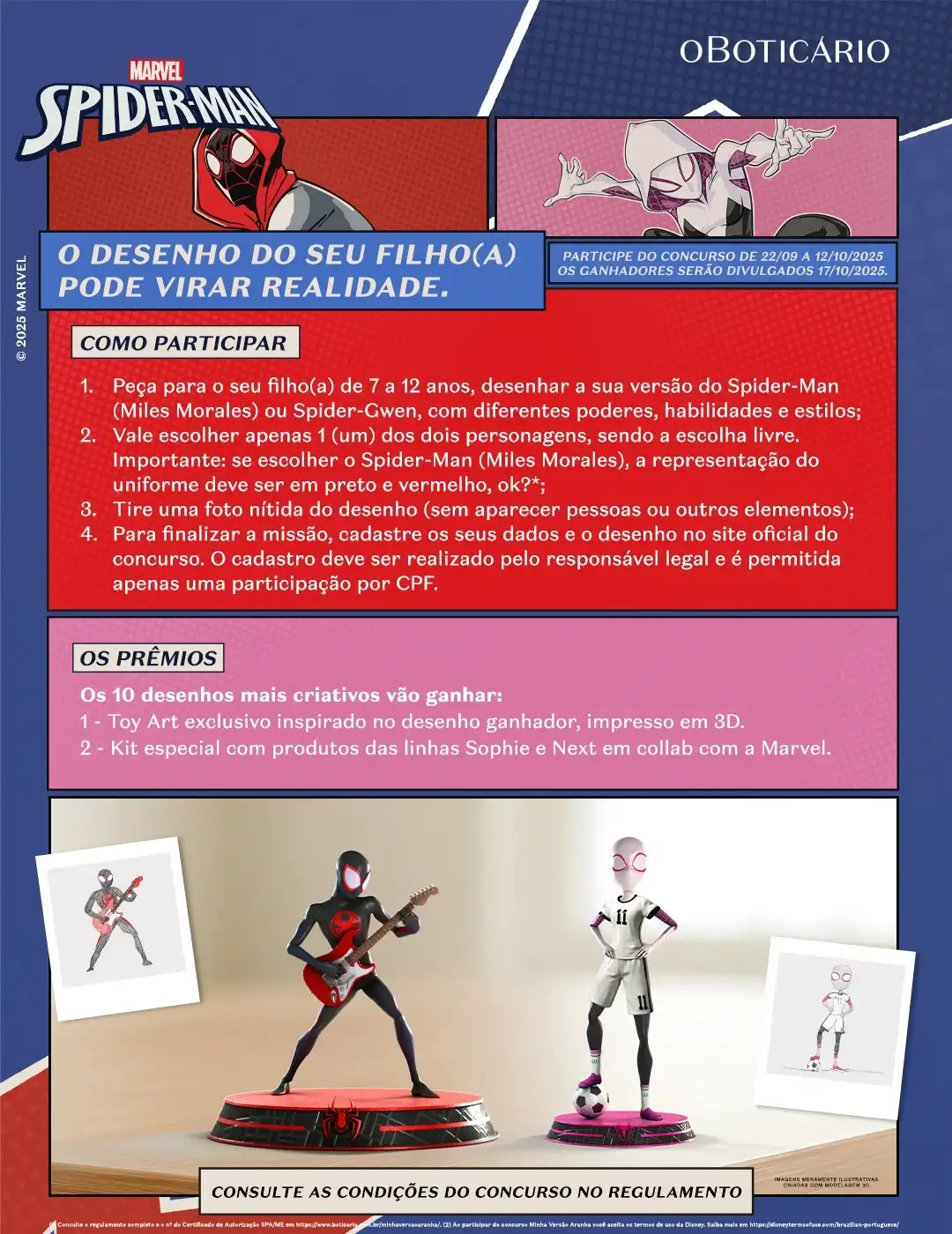 Texto alternativo (alt text) Pôster de concurso de desenho O Boticário e Marvel Spider-Man, com imagens de Miles Morales e Spider-Gwen.