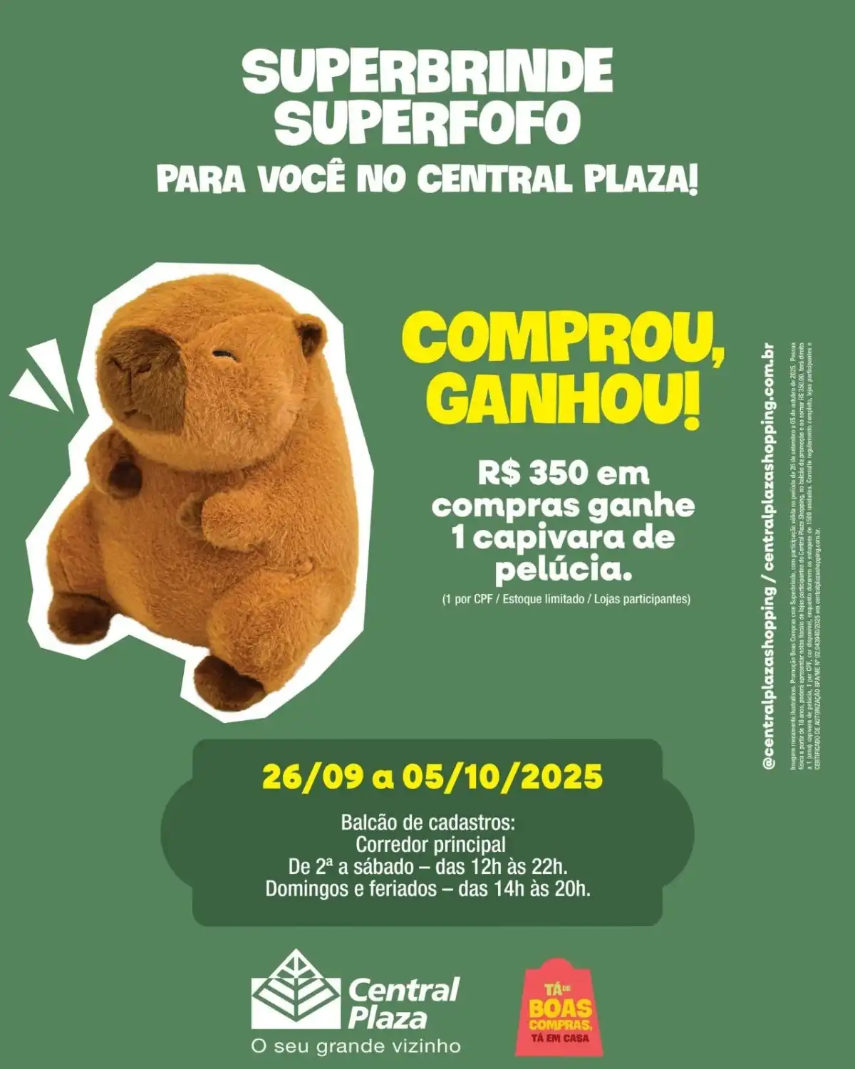 Um banner promocional do Central Plaza Shopping. A imagem mostra uma capivara de pelúcia fofa e a frase "SUPERBRINDE SUPERFOFO PARA VOCÊ NO CENTRAL PLAZA!" na parte superior.