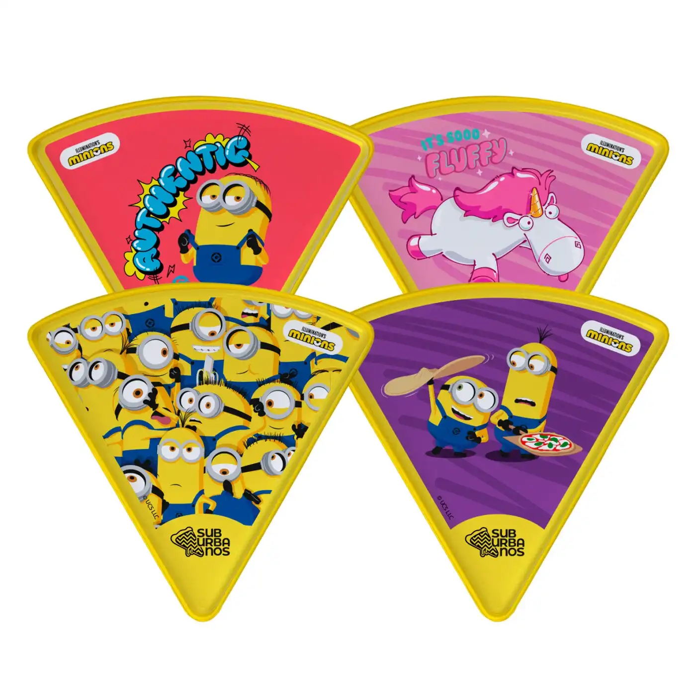 Quatro pratos de pizza em formato triangular, cada um com um design diferente dos Minions.