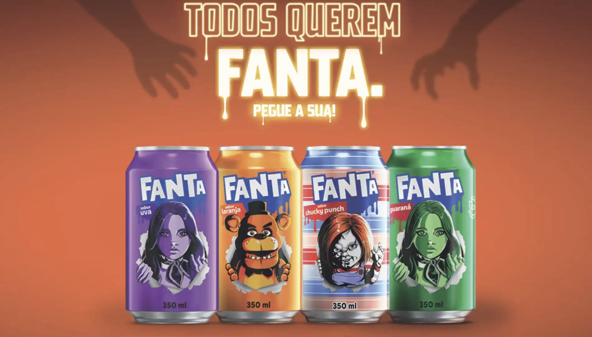 Quatro latas de Fanta com ilustrações de personagens de terror para o Halloween.