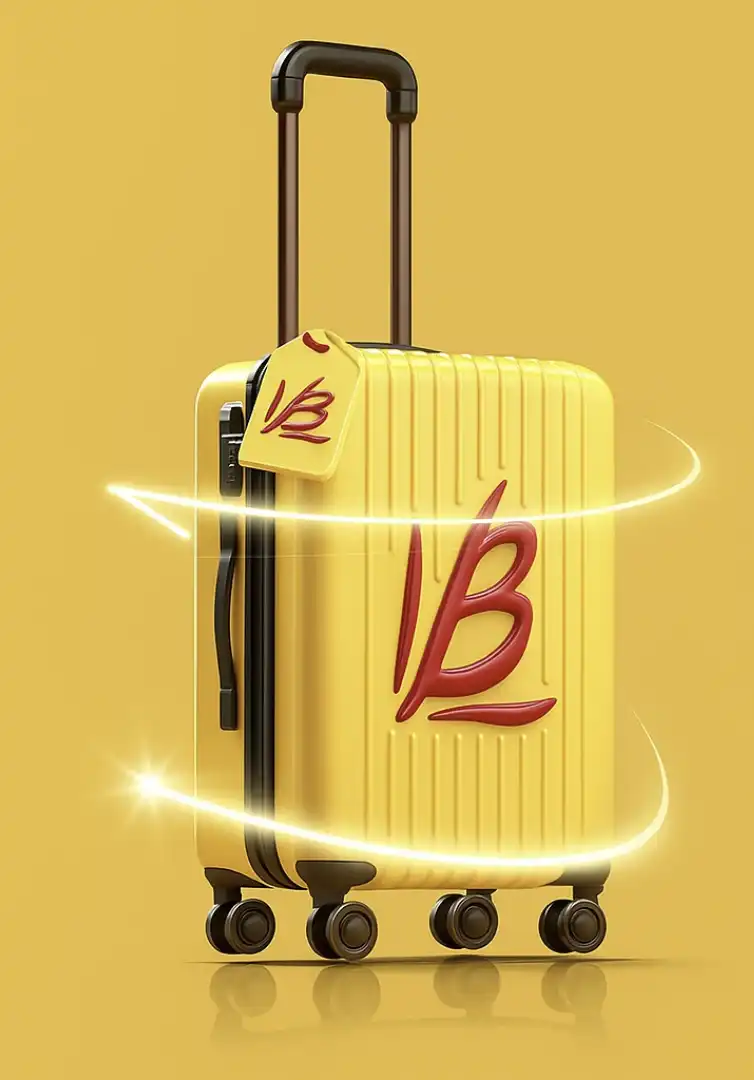 Uma mala de viagem amarela com o logotipo "VB" em vermelho em relevo na frente, e uma etiqueta de bagagem amarela com o mesmo logotipo. Linhas de luz brilhantes giram em torno da mala.