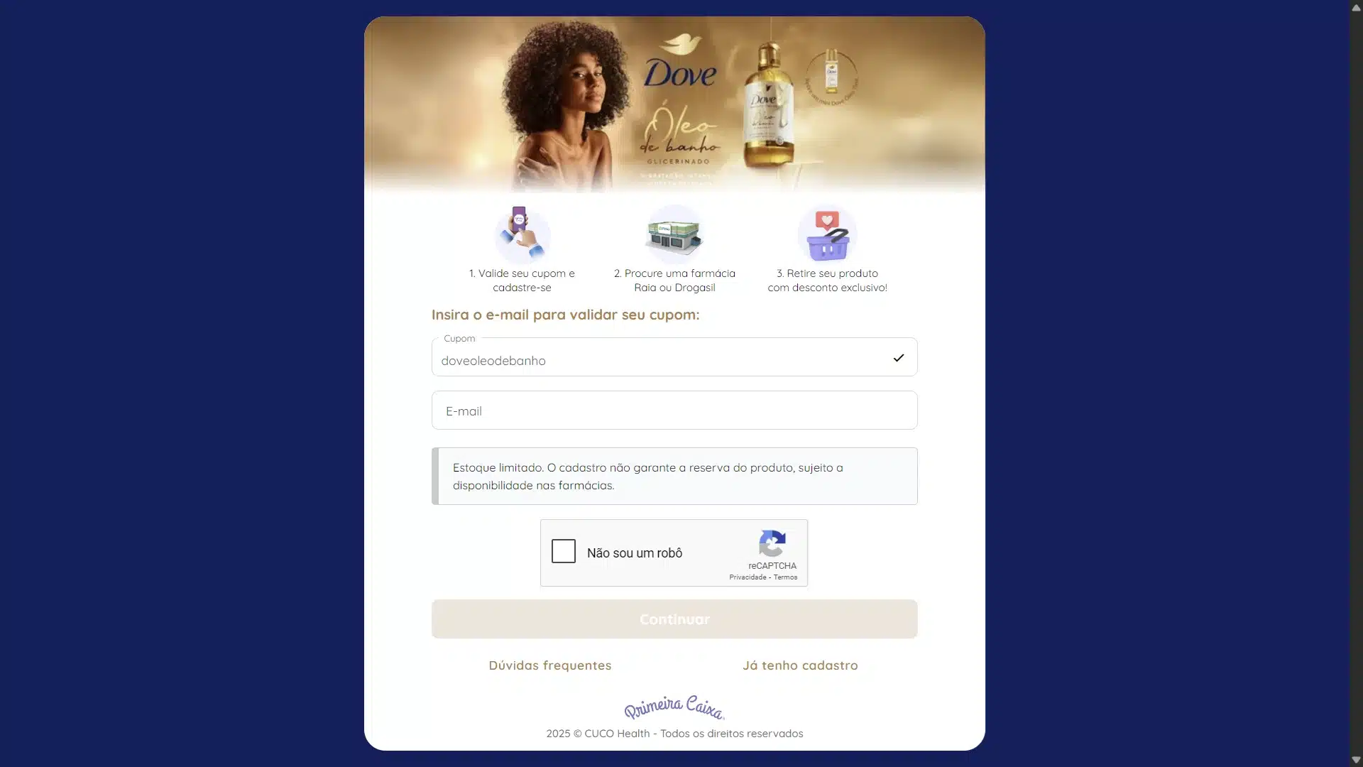 Página de resgate de cupom da Dove, com uma modelo, a embalagem do produto e um formulário para validação de e-mail.